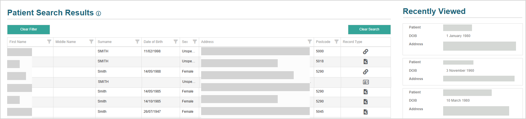 Patient search results after searching from the dashboard