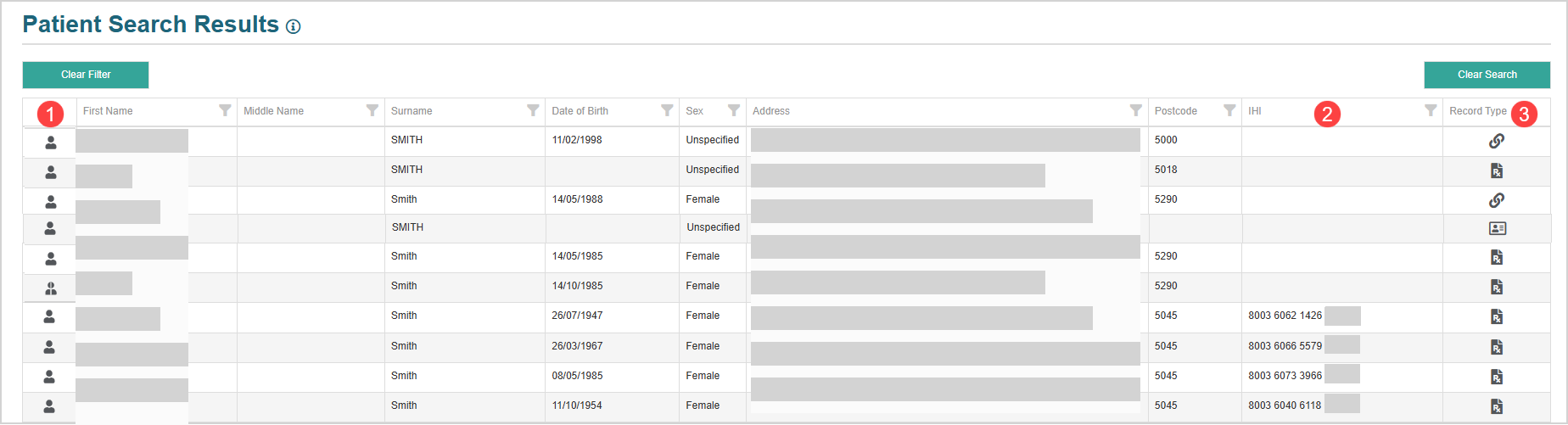 Patient search results after searching from the search menu